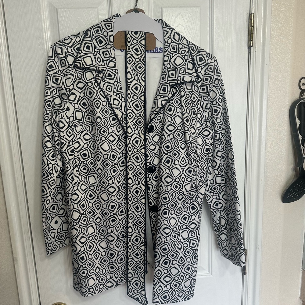 AB Studio Women’s Blazer Jacket Black White GeometricPattern Button Front Size M